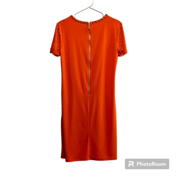 Michael Kors Womens Orange Gold Studded Short Sleeve Mini Dress Size Small - Picture 2 of 12